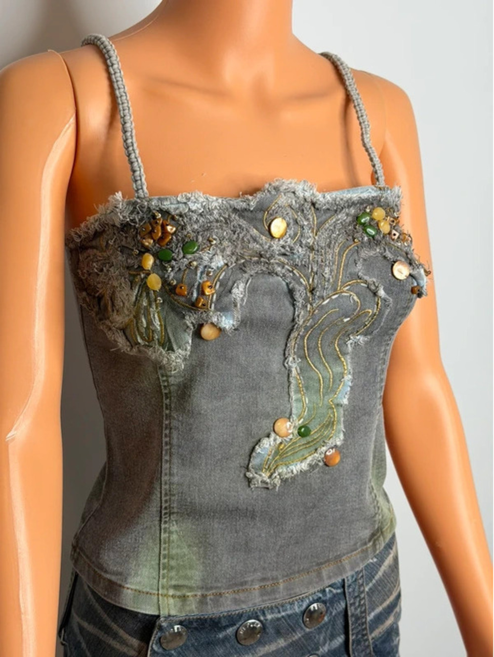 Lovie Y2K Fairy Denim Corset Top Embroidered Beaded Sage Grey Size S